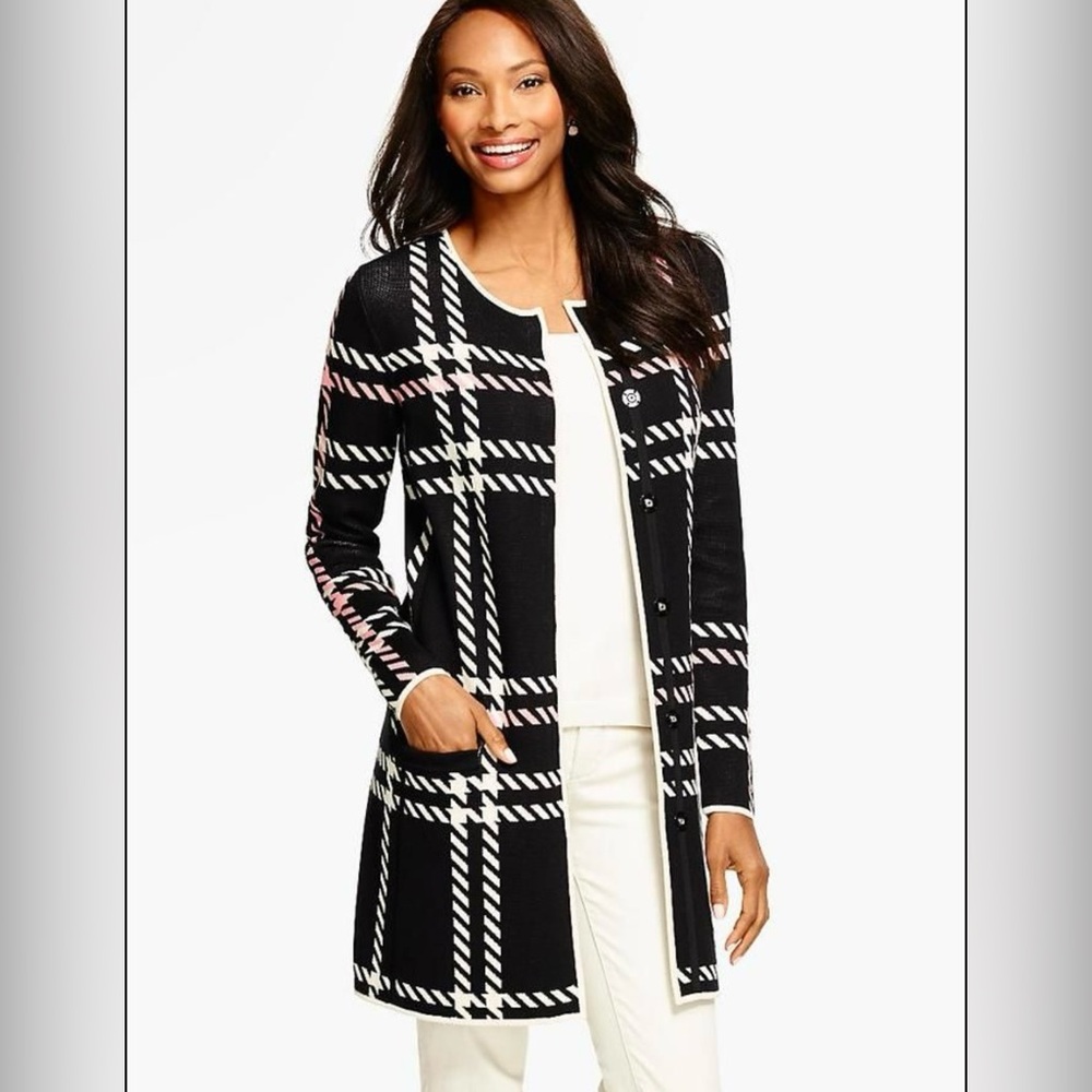 Talbots Black, Pink and White Plaid Sweater, Cardigan snap botton size S petite